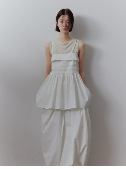 FUSSED Mist White Layered Patchwork Irregular Pleated Zipper Women&