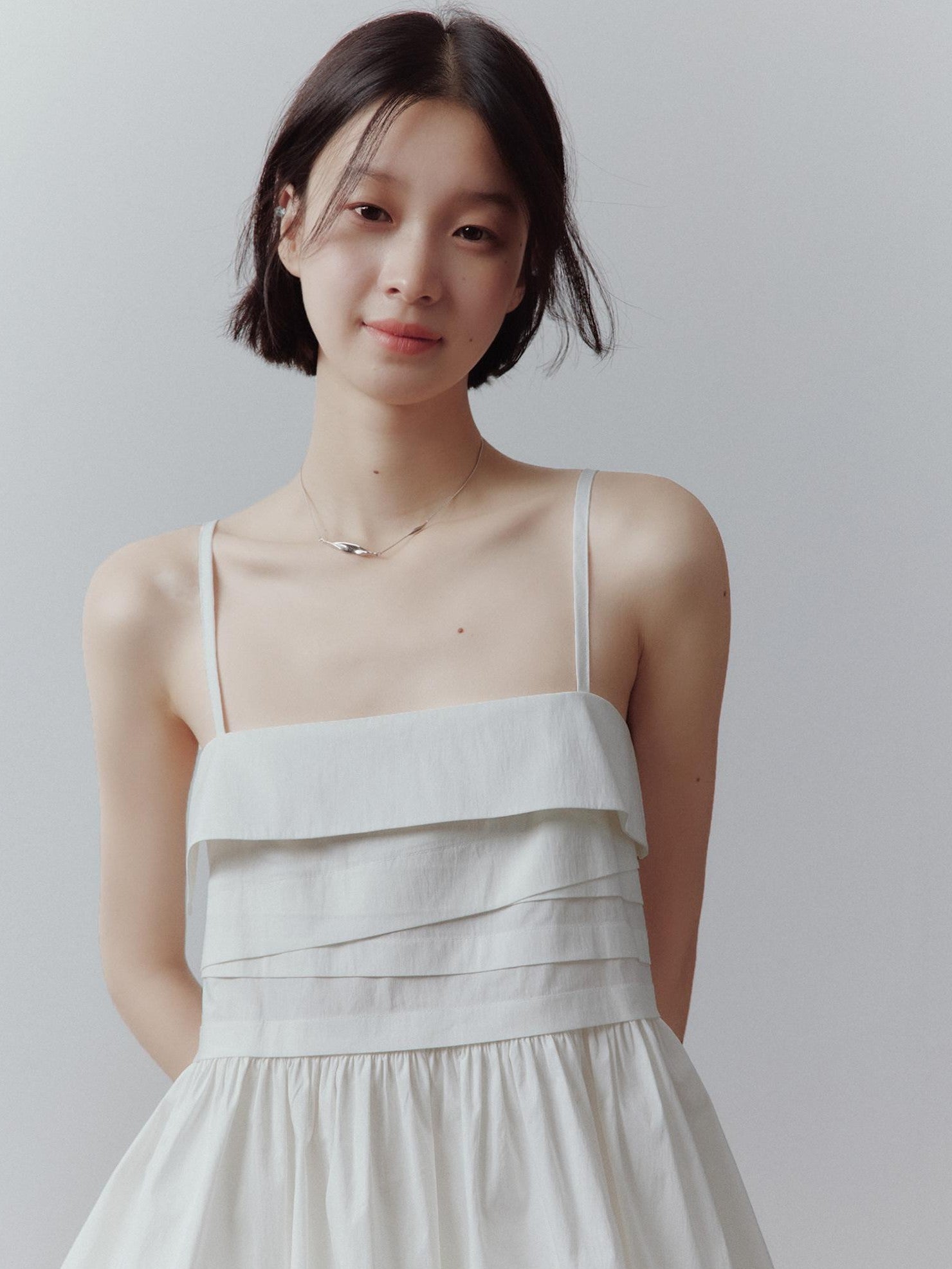 FUSSED Mist White Layered Patchwork Irregular Pleated Zipper Women&
