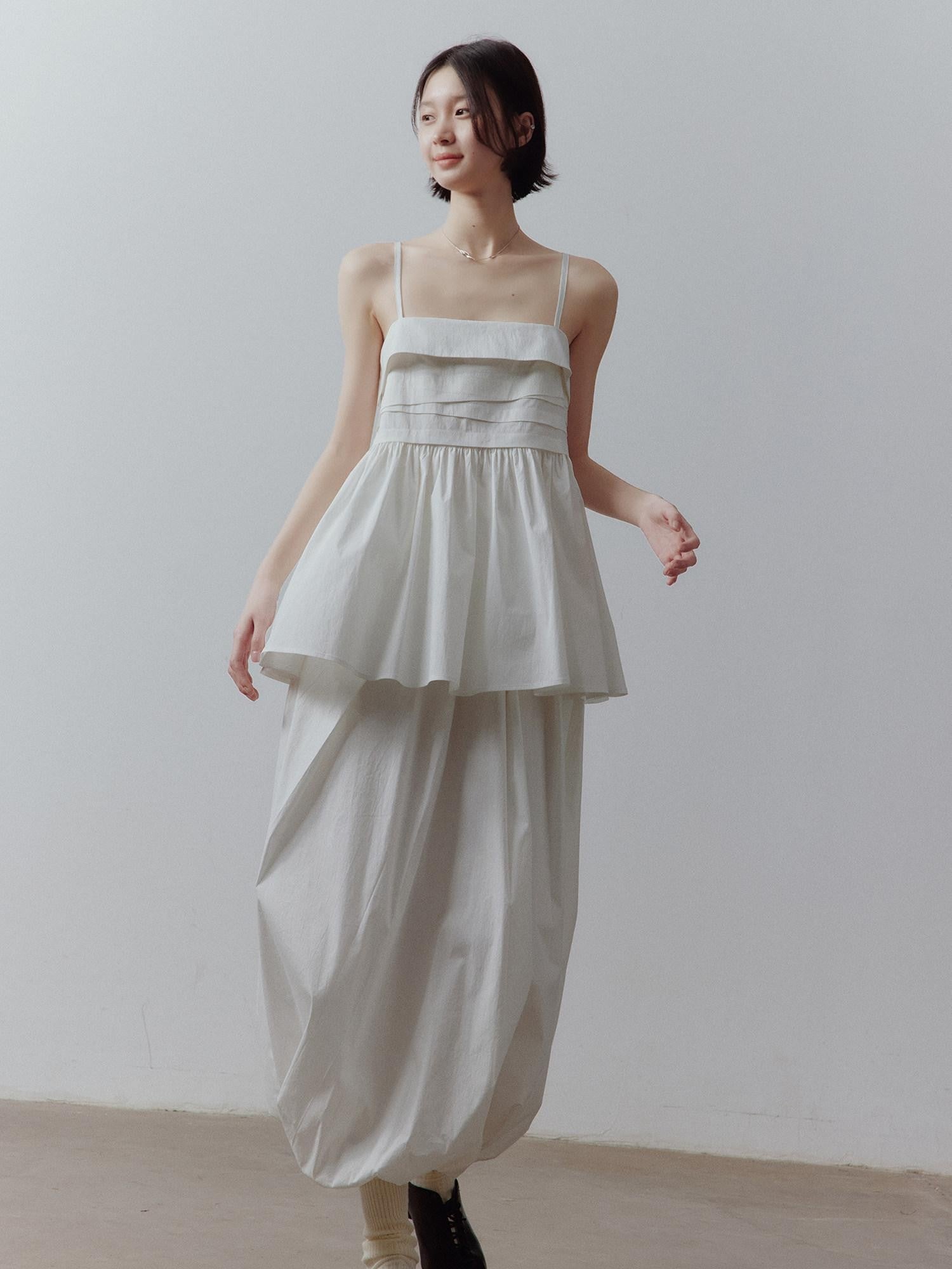 FUSSED Mist White Layered Patchwork Irregular Pleated Zipper Women&