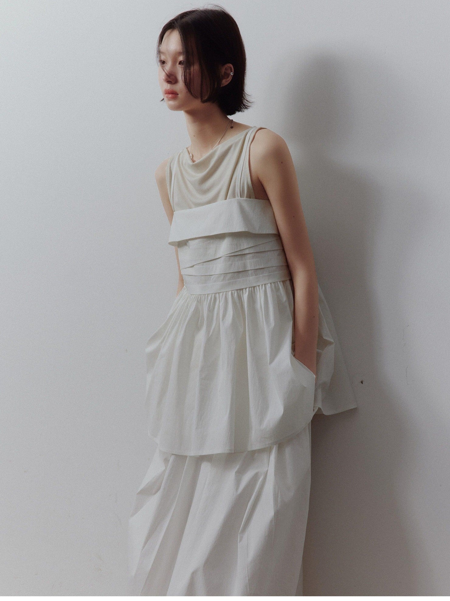 FUSSED Mist White Layered Patchwork Irregular Pleated Zipper Women&