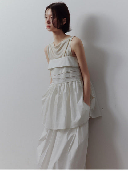 FUSSED Mist White Layered Patchwork Irregular Pleated Zipper Women&