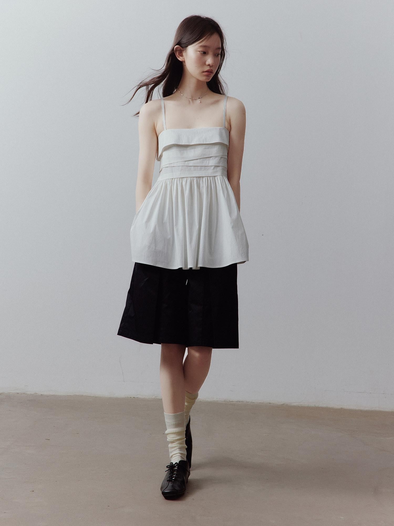 FUSSED Mist White Layered Patchwork Irregular Pleated Zipper Women&