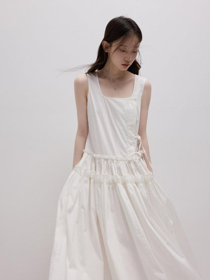 FUSSED Mist White Layered Splice Gathered Oversized Hem Women&
