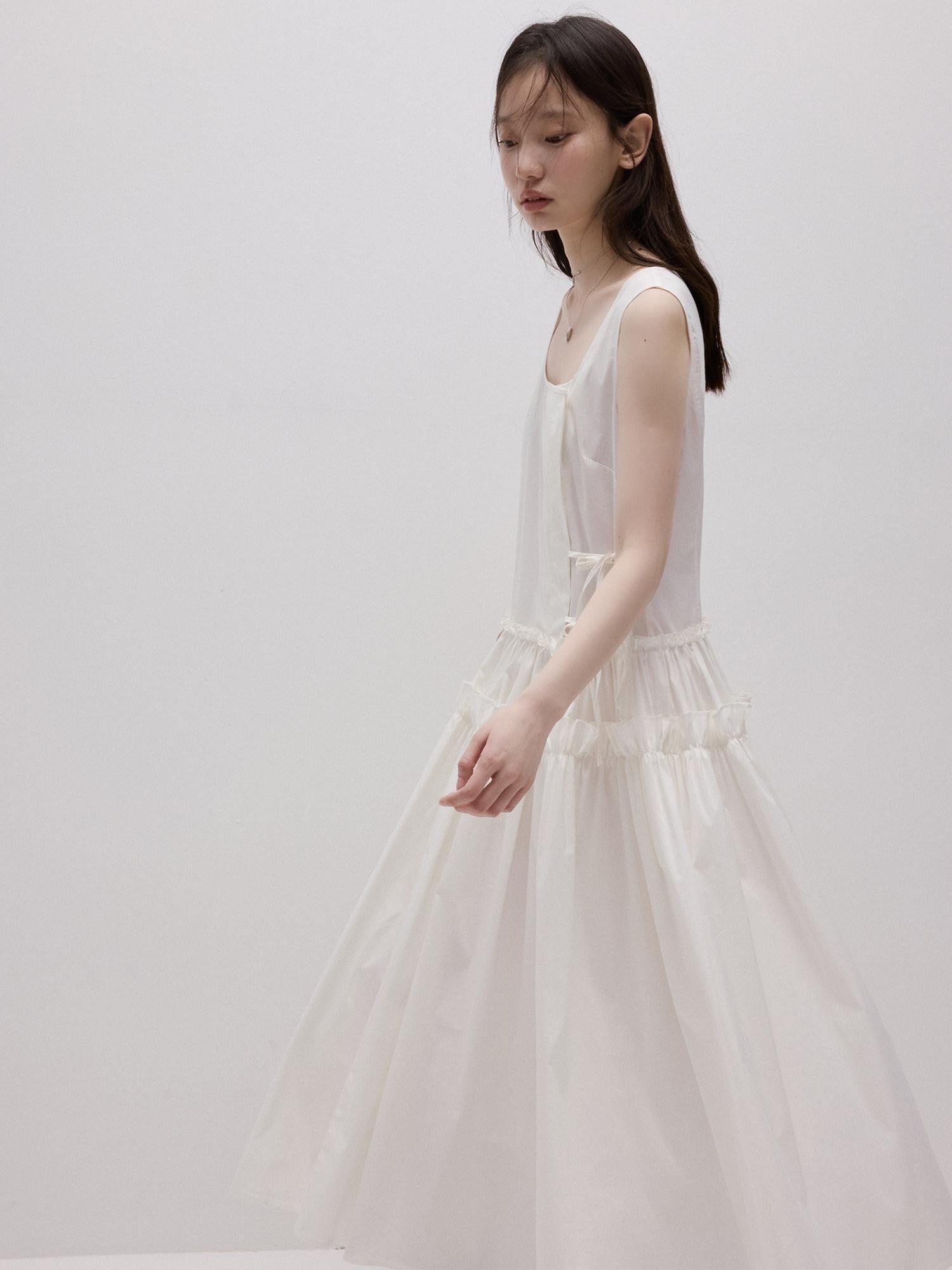 FUSSED Mist White Layered Splice Gathered Oversized Hem Women&