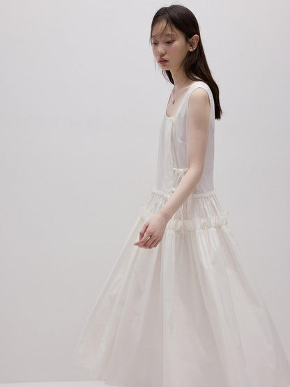 FUSSED Mist White Layered Splice Gathered Oversized Hem Women&