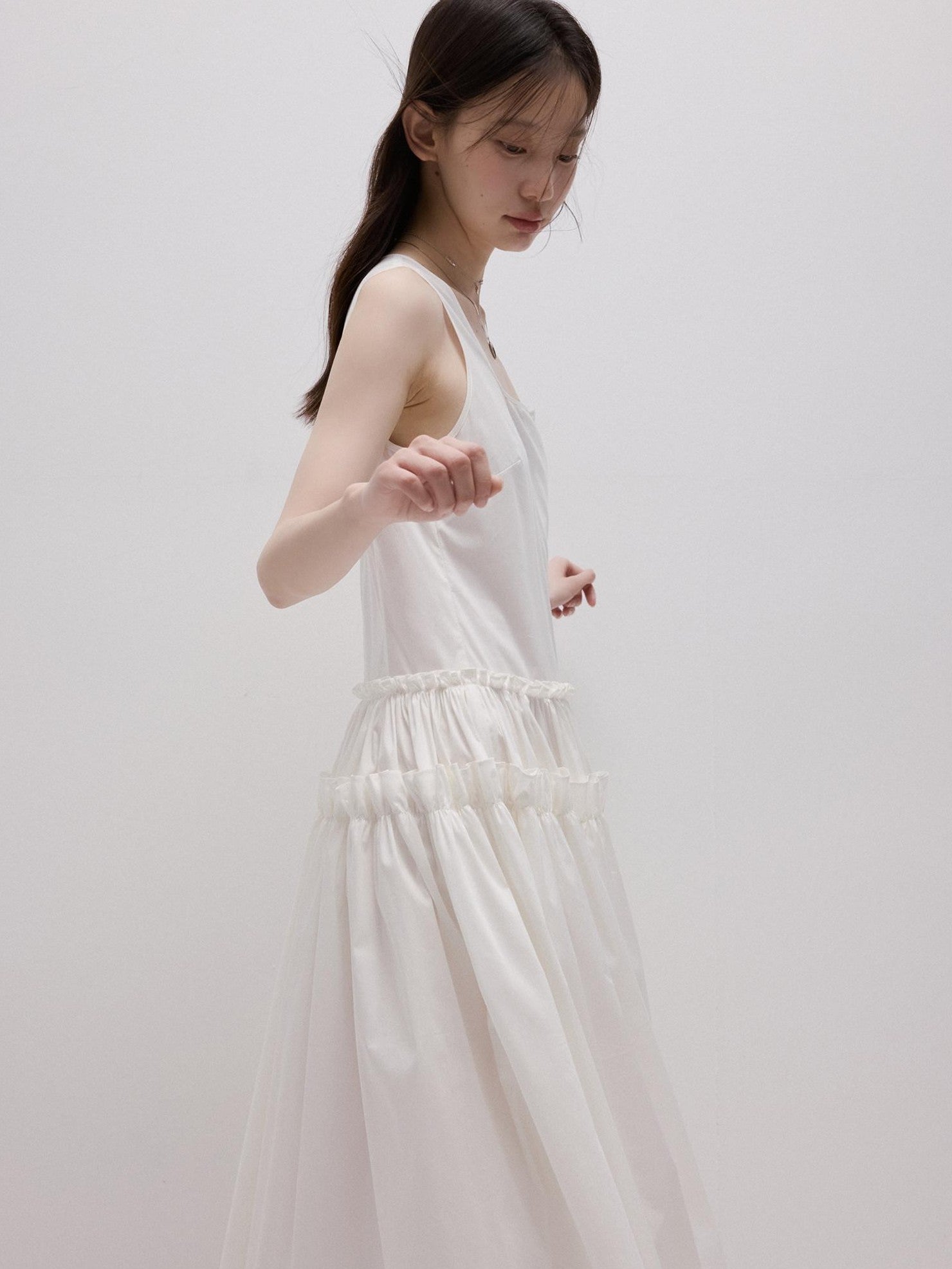 FUSSED Mist White Layered Splice Gathered Oversized Hem Women&