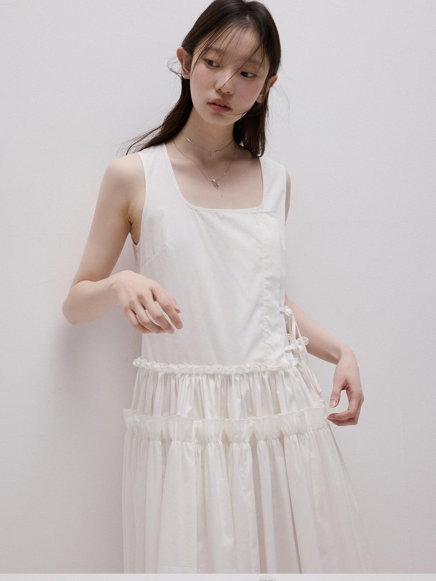 FUSSED Mist White Layered Splice Gathered Oversized Hem Women&