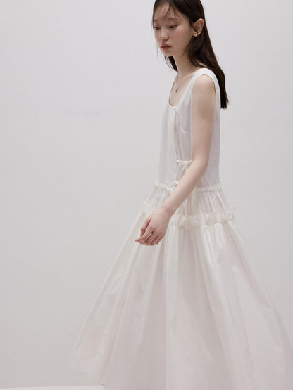 FUSSED Mist White Layered Splice Gathered Oversized Hem Women&