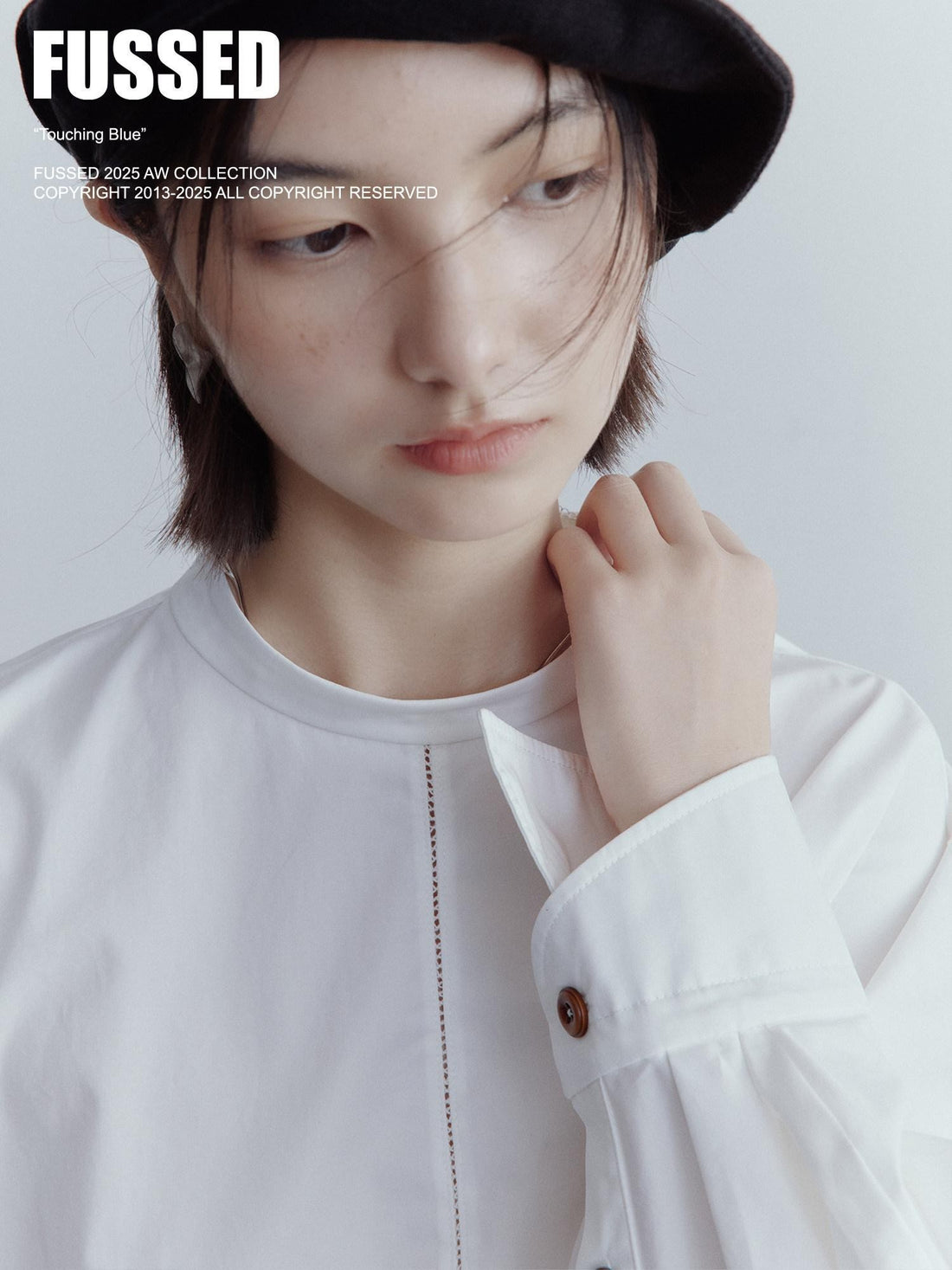 FUSSED Mist White Oversized Asymmetric Sleeve Cutout Splice Women&