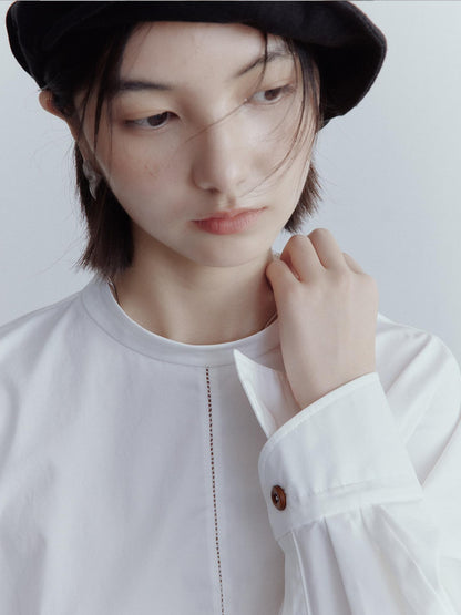 FUSSED Mist White Oversized Asymmetric Sleeve Cutout Splice Women&