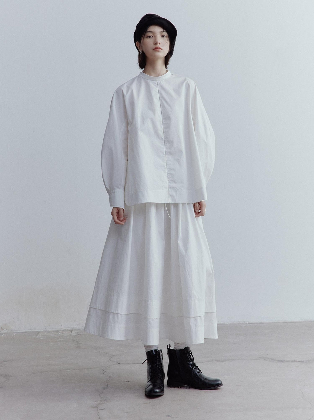 FUSSED Mist White Oversized Asymmetric Sleeve Cutout Splice Women&