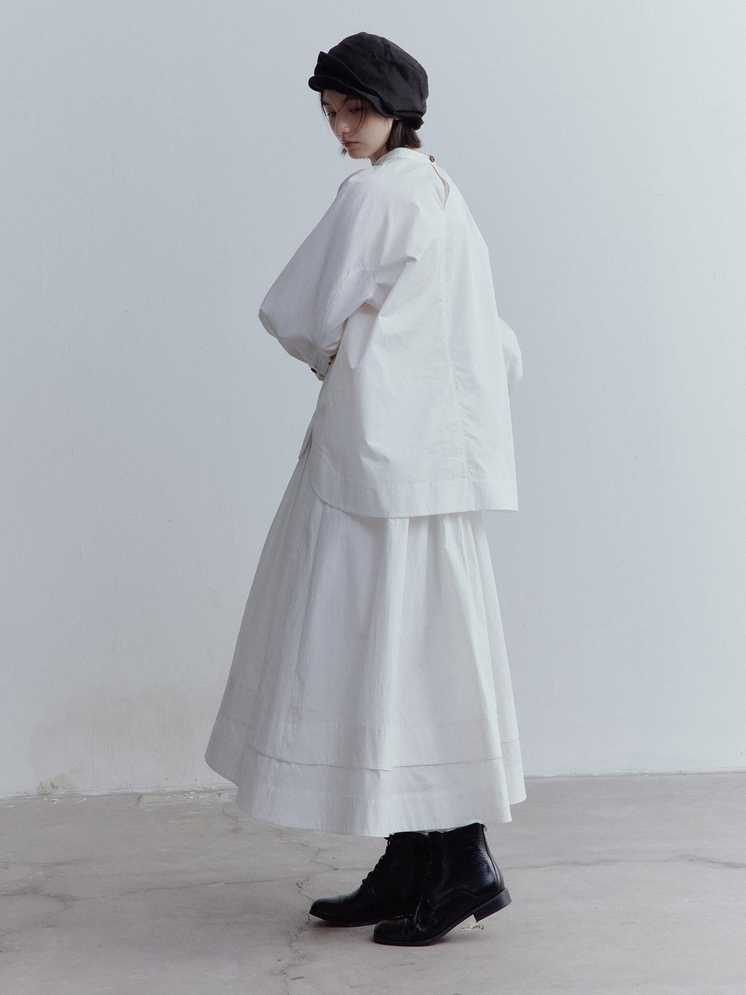 FUSSED Mist White Oversized Asymmetric Sleeve Cutout Splice Women&