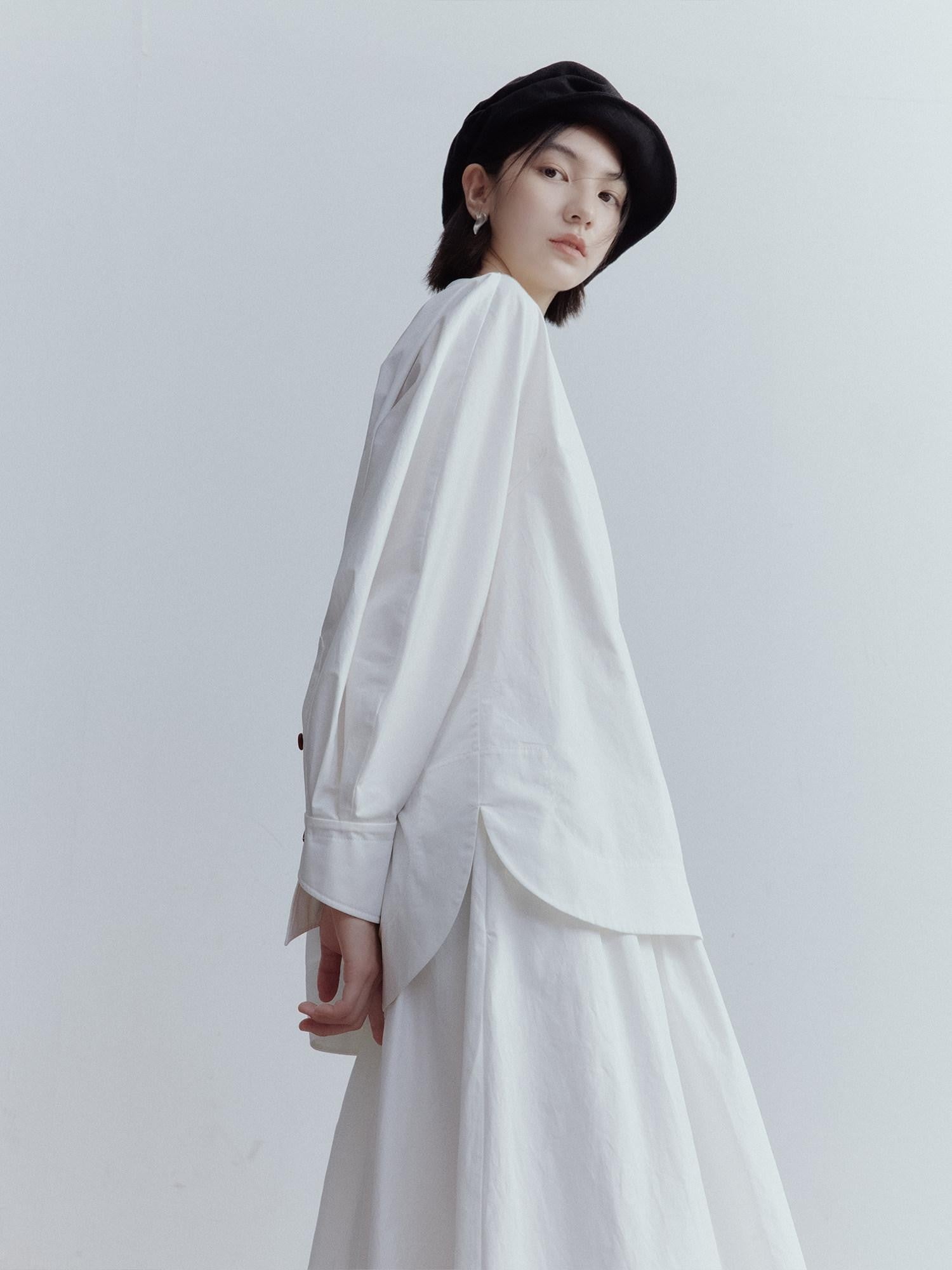 FUSSED Mist White Oversized Asymmetric Sleeve Cutout Splice Women&