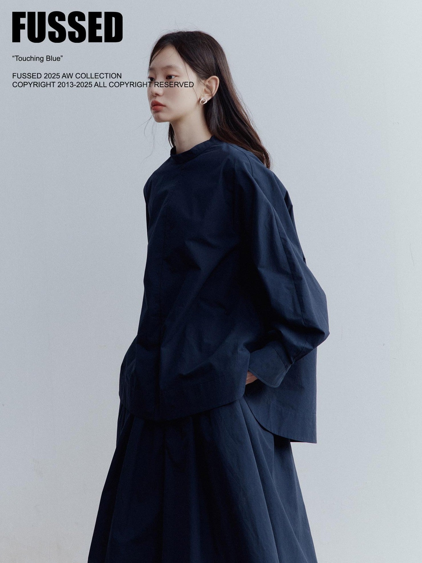FUSSED Mist White Oversized Asymmetric Sleeve Cutout Splice Women&