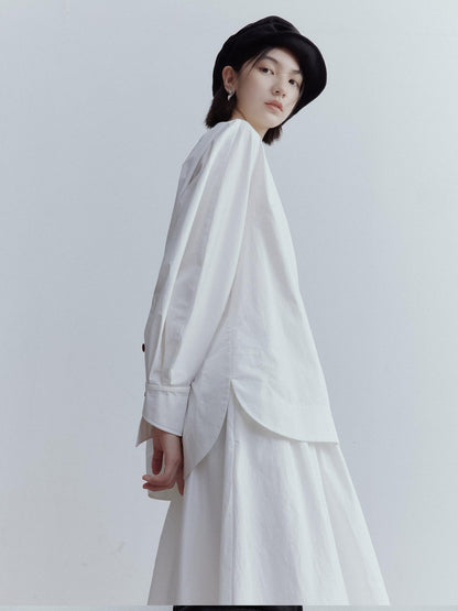 FUSSED Mist White Oversized Asymmetric Sleeve Cutout Splice Women&