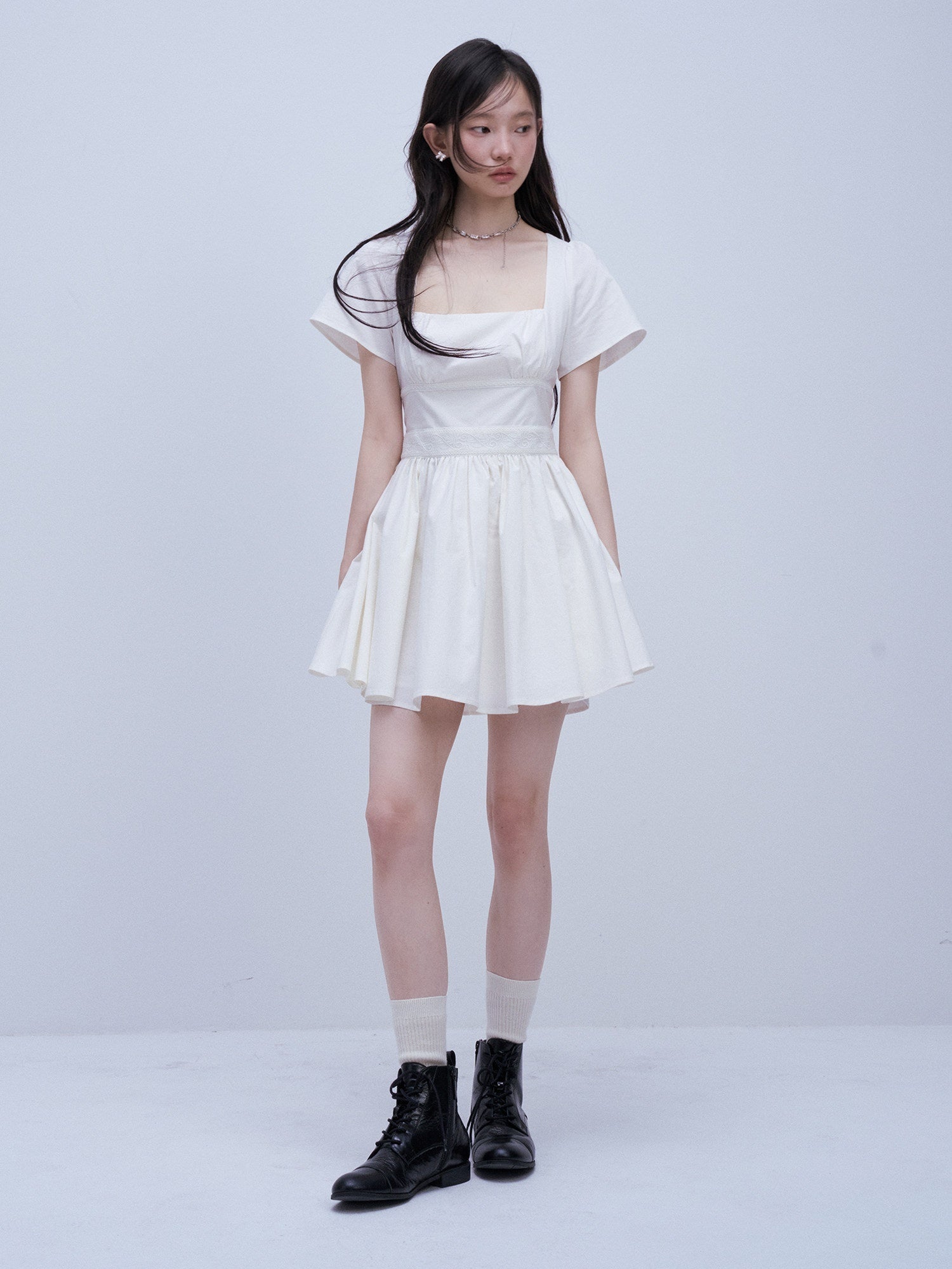 FUSSED_Mist_White_Square_Neck_Spliced_Waist_Women&
