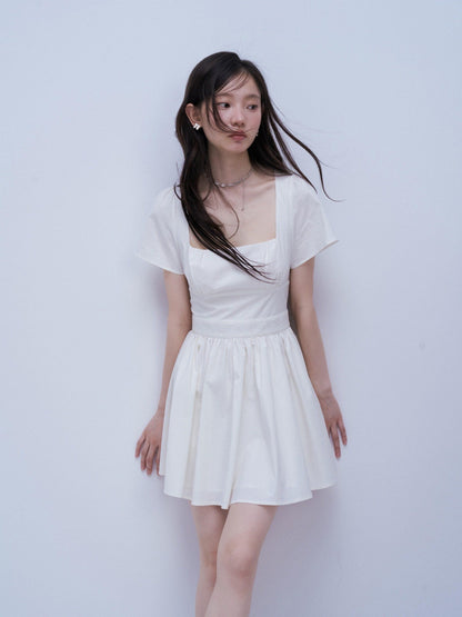 FUSSED Mist White Square Neck Spliced Waist Women&