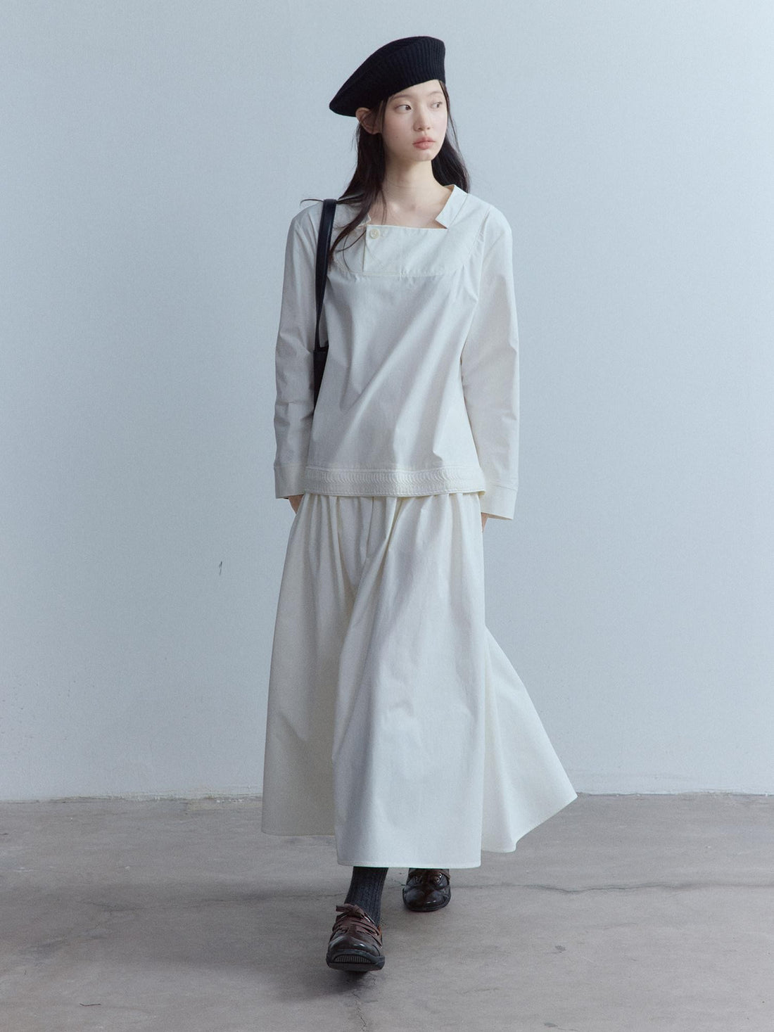 FUSSED Mist White Wool Lace Structured Shirt Collar Women&
