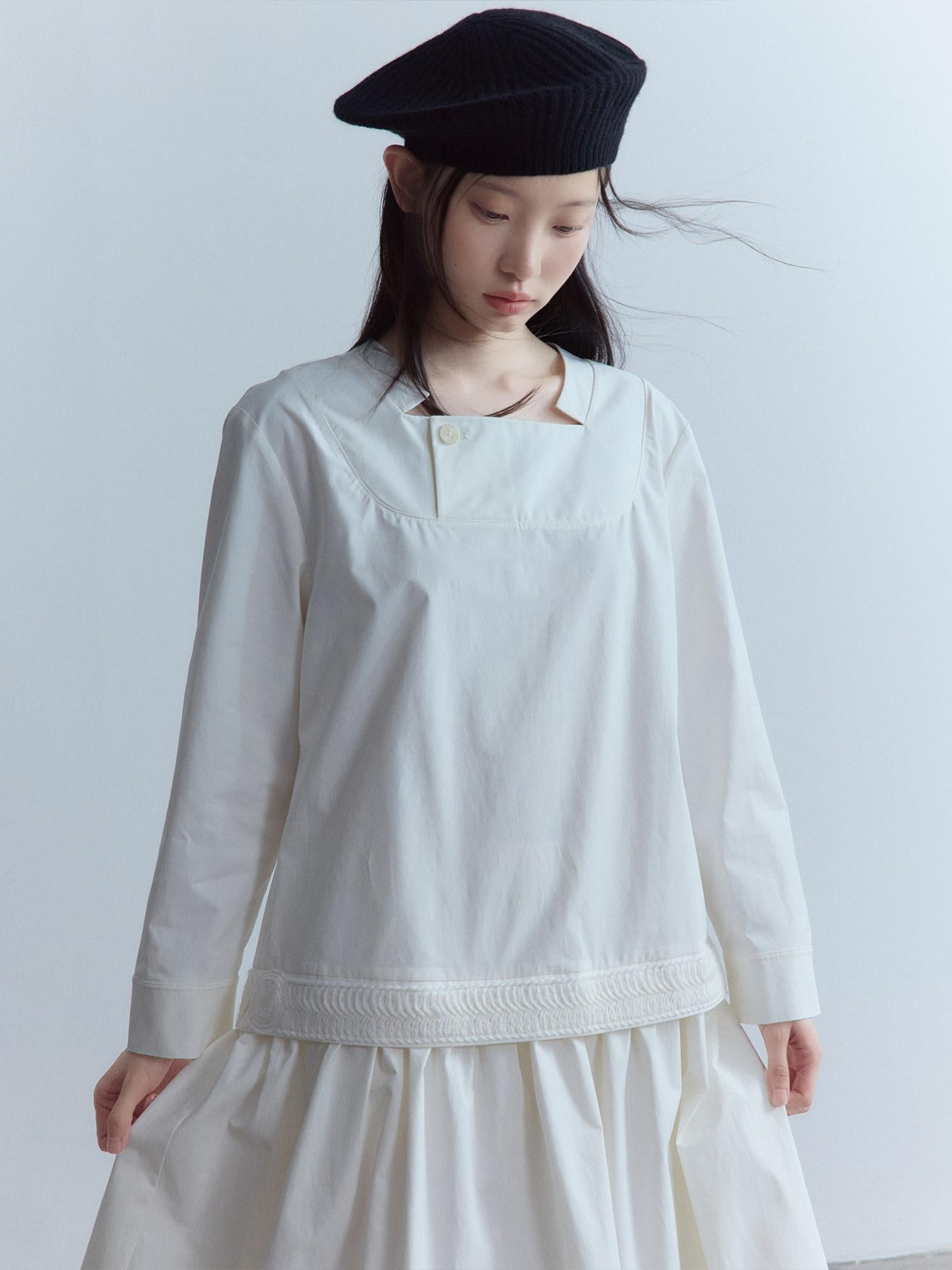 FUSSED Mist White Wool Lace Structured Shirt Collar Women&