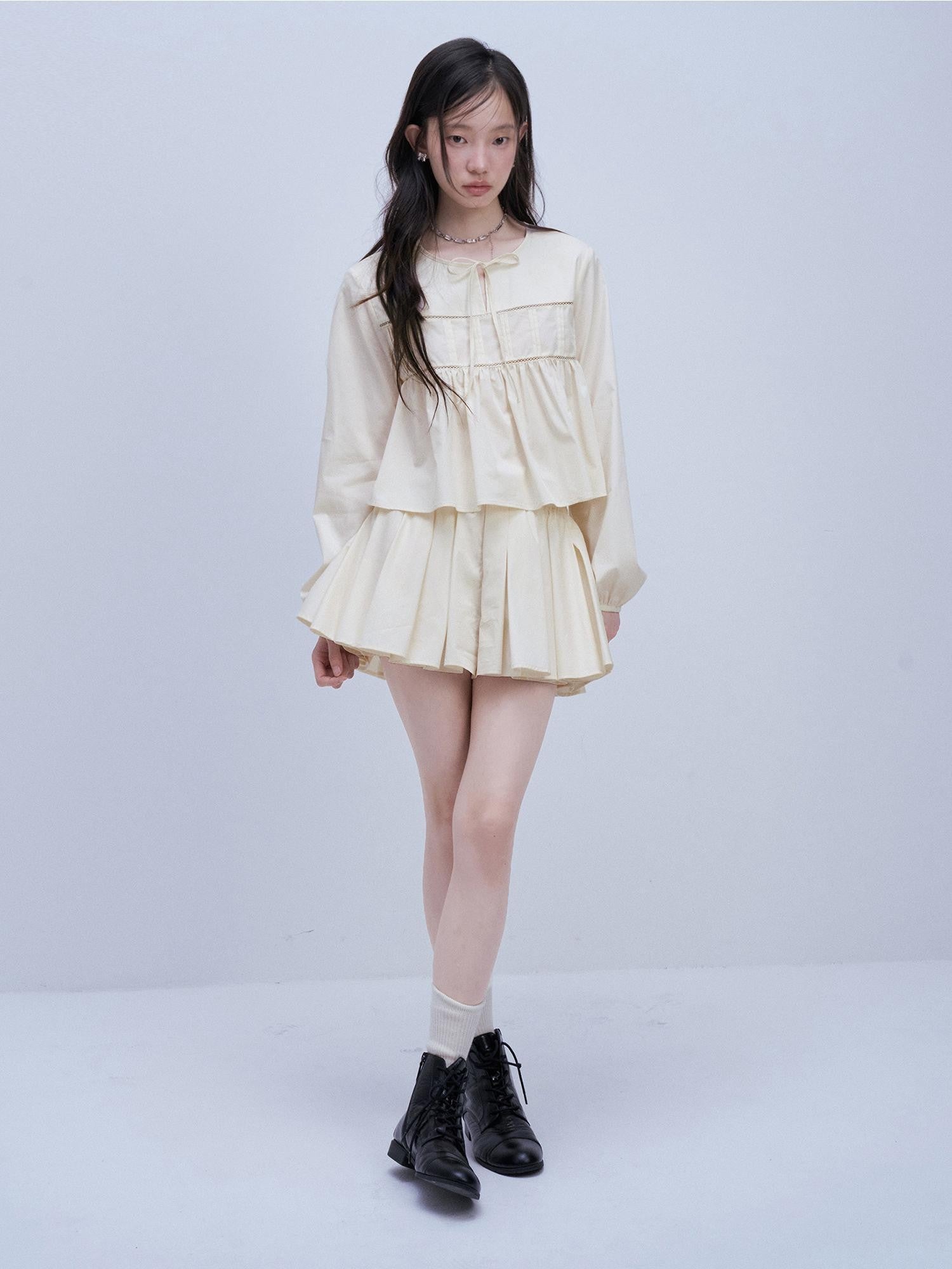 FUSSED Misty White Pin Tuck Lace Splice Puff Sleeve Women&