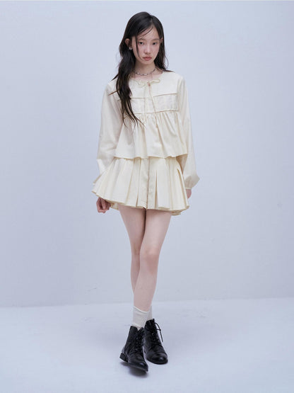 FUSSED Misty White Pin Tuck Lace Splice Puff Sleeve Women&