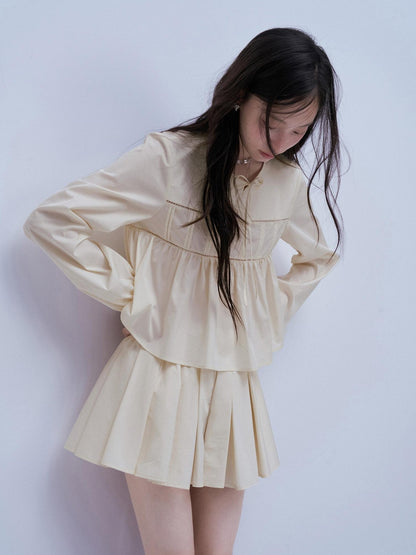 FUSSED Misty White Pin Tuck Lace Splice Puff Sleeve Women&