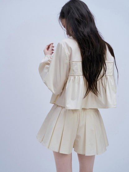 FUSSED Misty White Pin Tuck Lace Splice Puff Sleeve Women&