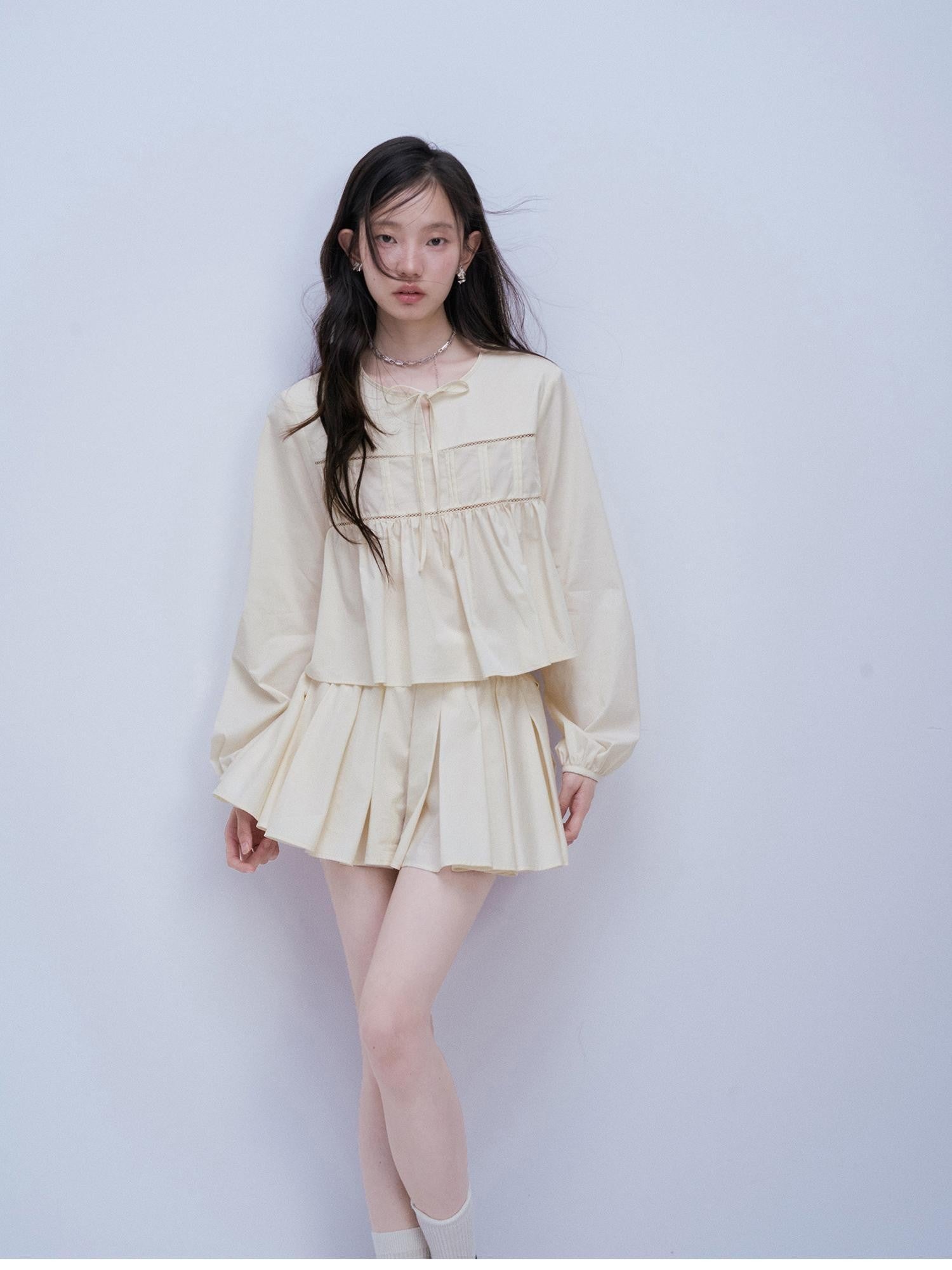 FUSSED Misty White Pin Tuck Lace Splice Puff Sleeve Women&