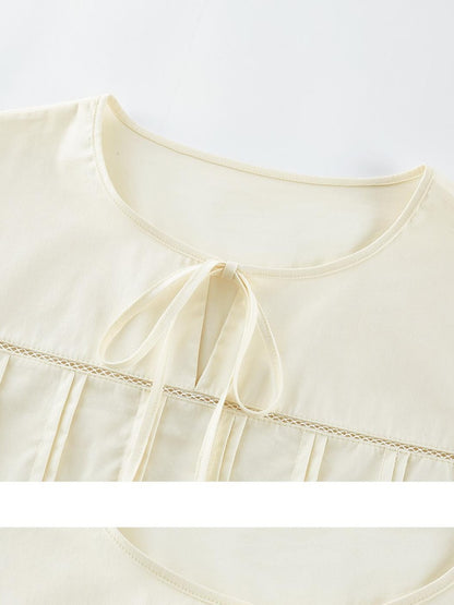 FUSSED Misty White Pin Tuck Lace Splice Puff Sleeve Women&