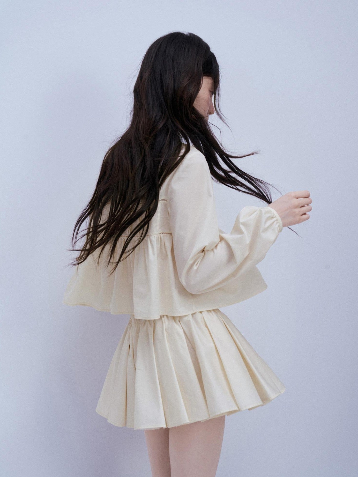 FUSSED Misty White Pin Tuck Lace Splice Puff Sleeve Women&