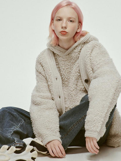 FUSSED Misty Wool Loop Knit Cardigan V Neck T Shirt Long Sleeve