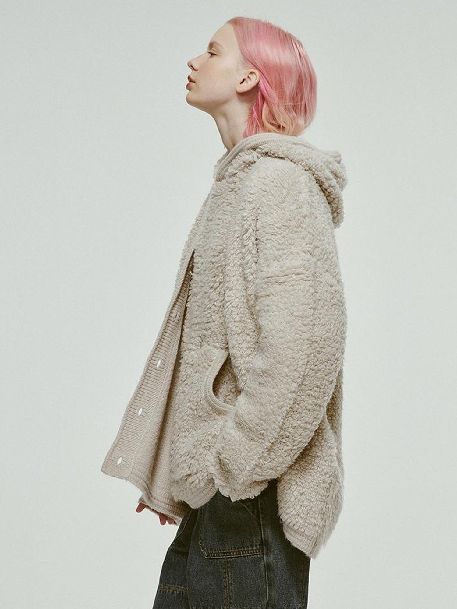 FUSSED Misty Wool Loop Knit Cardigan V Neck T Shirt Long Sleeve