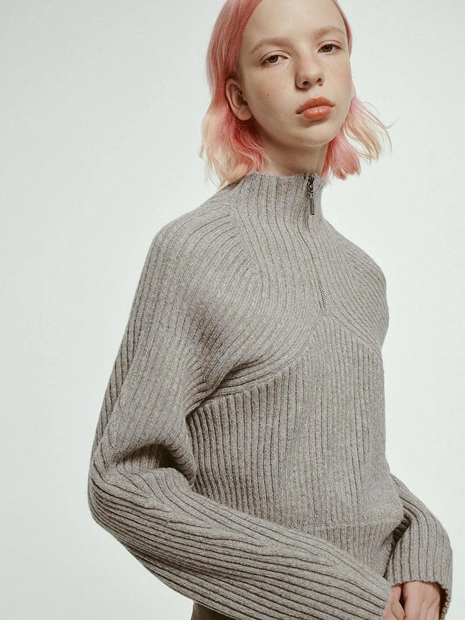 Mohair Blend High Neck Zip Up Sweater