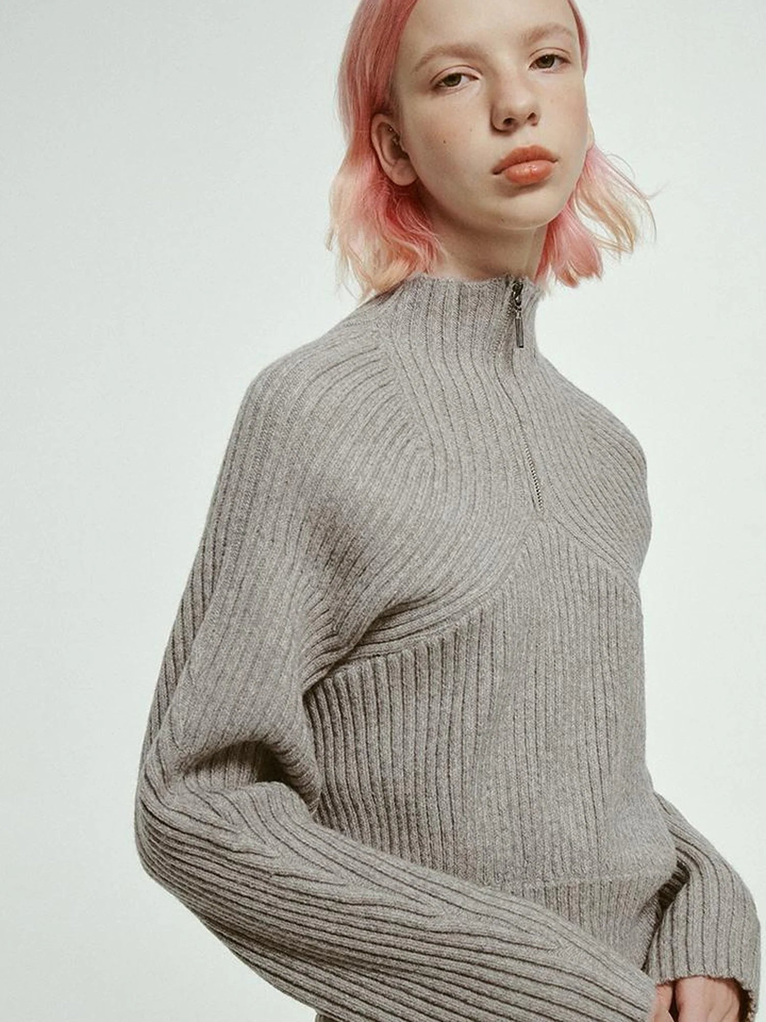Mohair Blend High Neck Zip Up Sweater