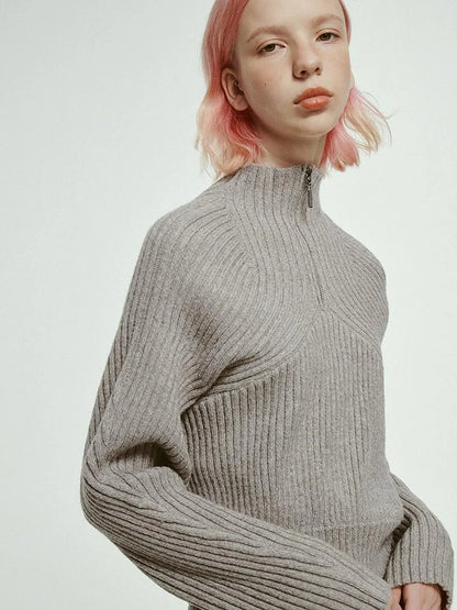 Mohair Blend High Neck Zip Up Sweater