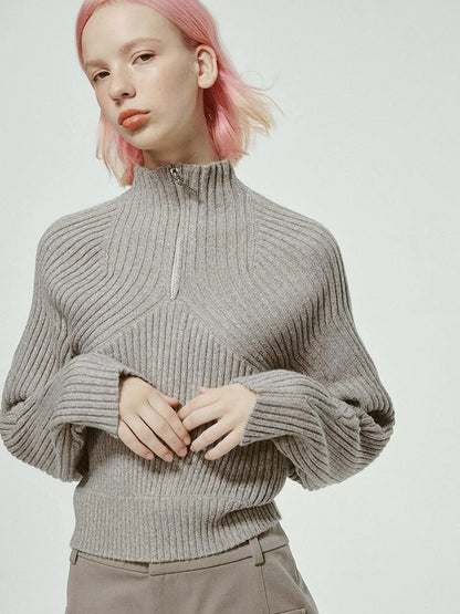 Mohair Blend High Neck Zip Up Sweater