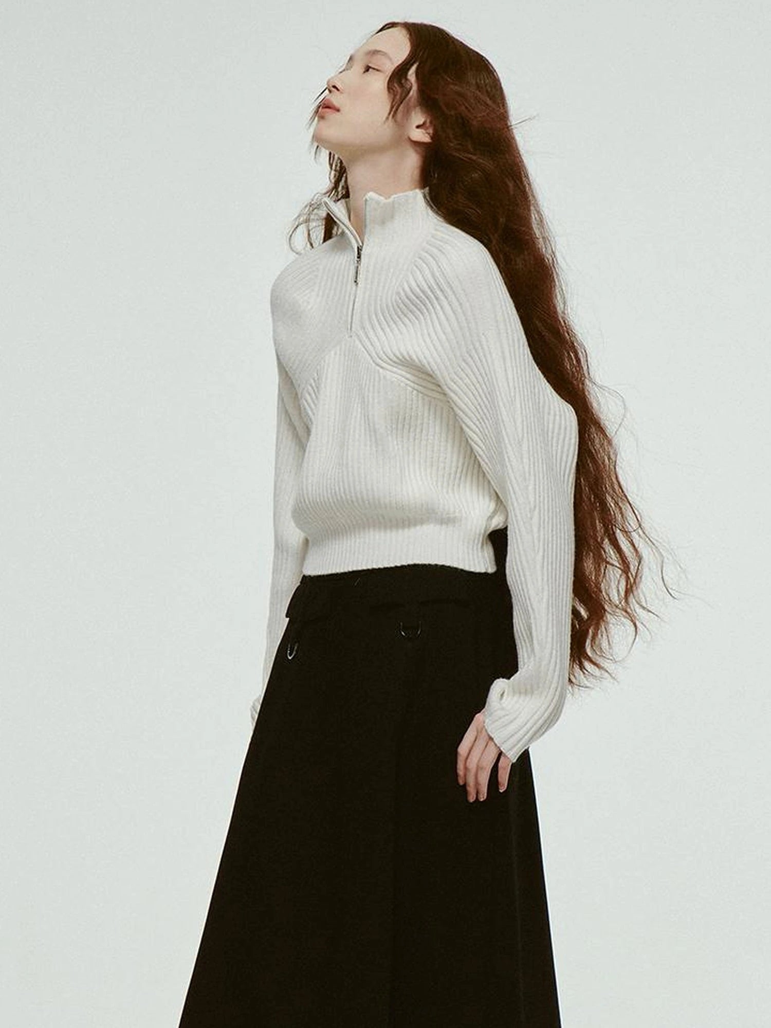 Mohair Blend High Neck Zip Up Sweater