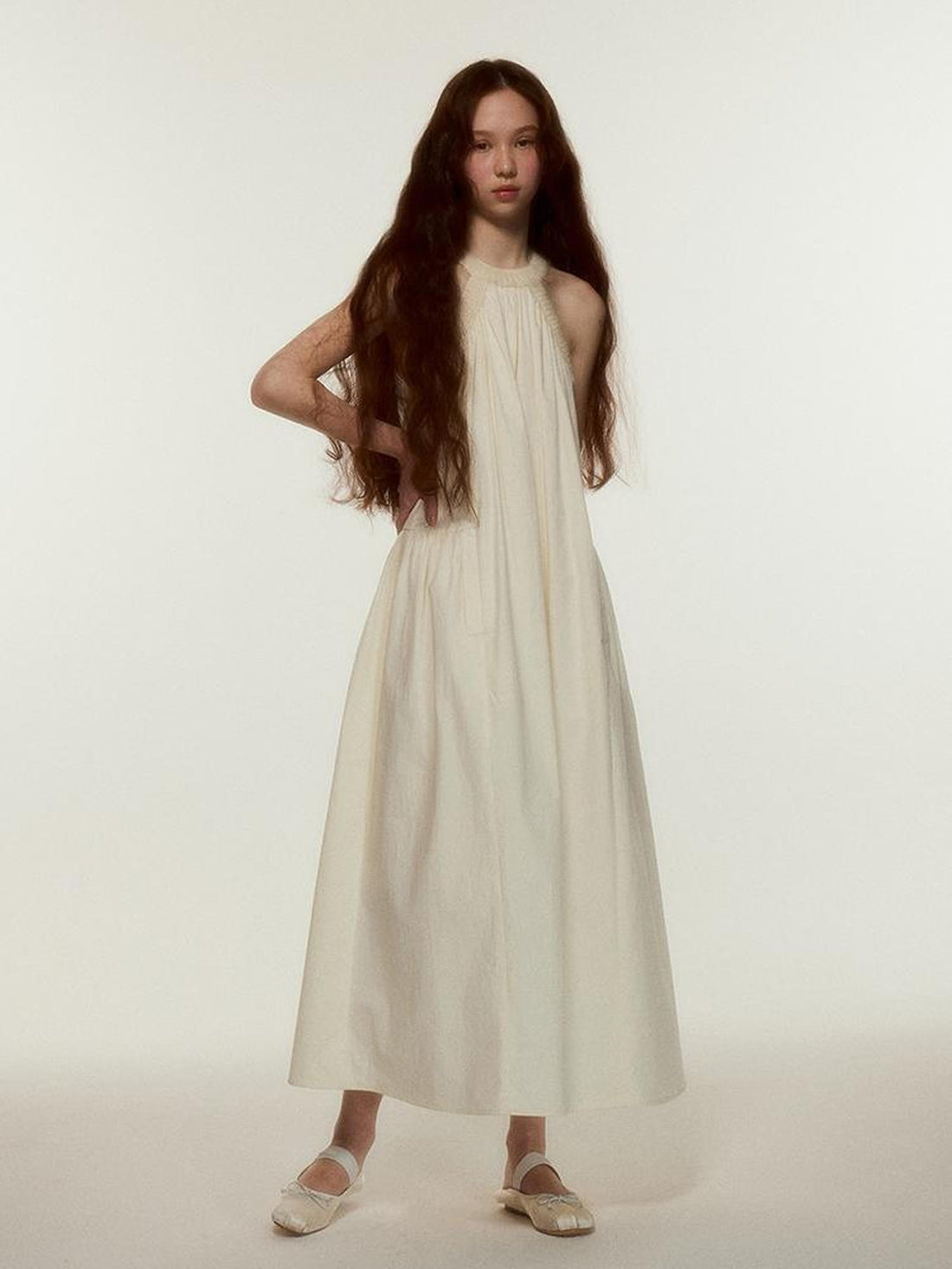 FUSSED Mohair Collar Cotton Shirred Dress With Lace Trim