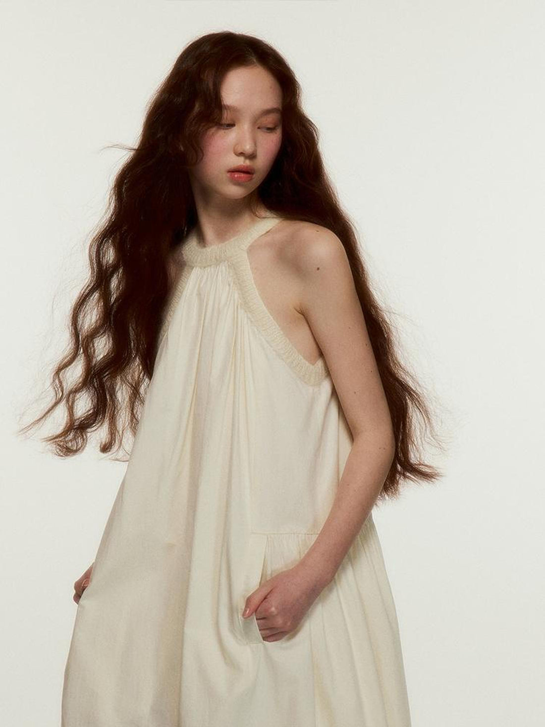 FUSSED Mohair Collar Cotton Shirred Dress With Lace Trim
