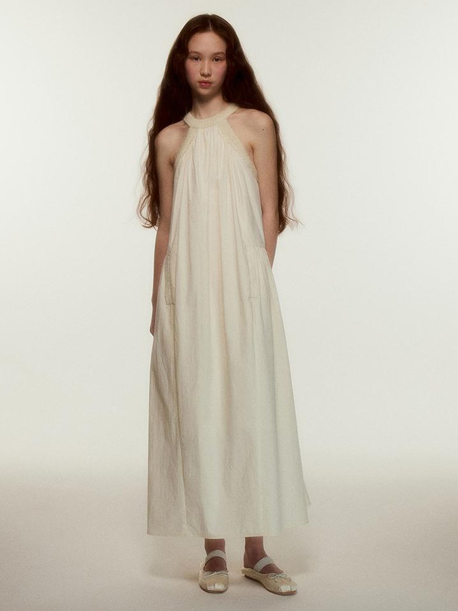 FUSSED Mohair Collar Cotton Shirred Dress With Lace Trim