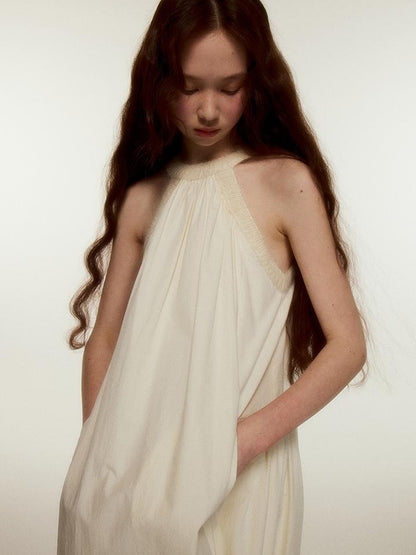 FUSSED Mohair Collar Cotton Shirred Dress With Lace Trim
