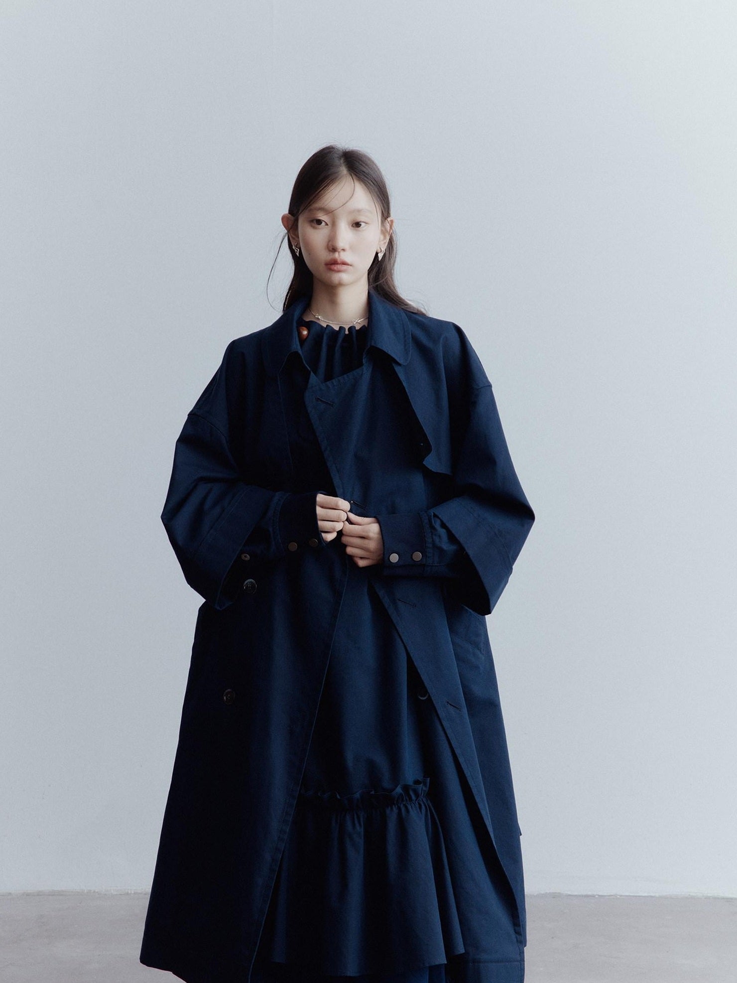 FUSSED Moonshadow Blue Longline Oversized Street Notched Lapel Single Breasted Coat