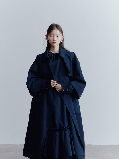 FUSSED Moonshadow Blue Longline Oversized Street Notched Lapel Single Breasted Coat