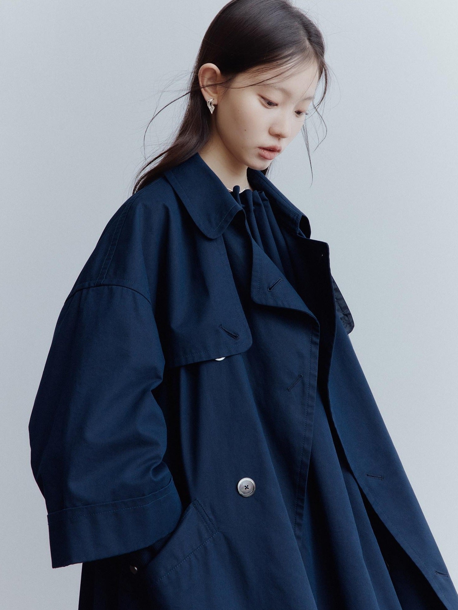 FUSSED Moonshadow Blue Longline Oversized Street Notched Lapel Single Breasted Coat