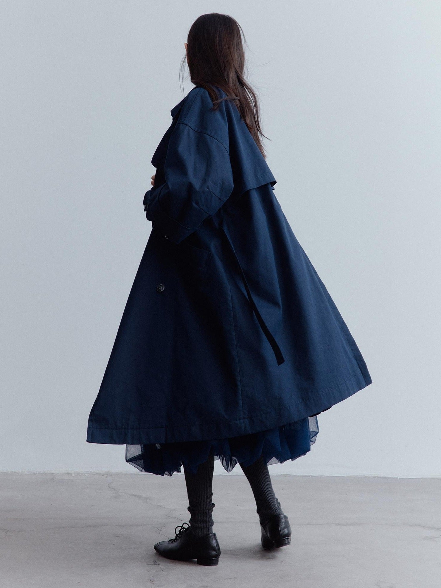 FUSSED Moonshadow Blue Longline Oversized Street Notched Lapel Single Breasted Coat