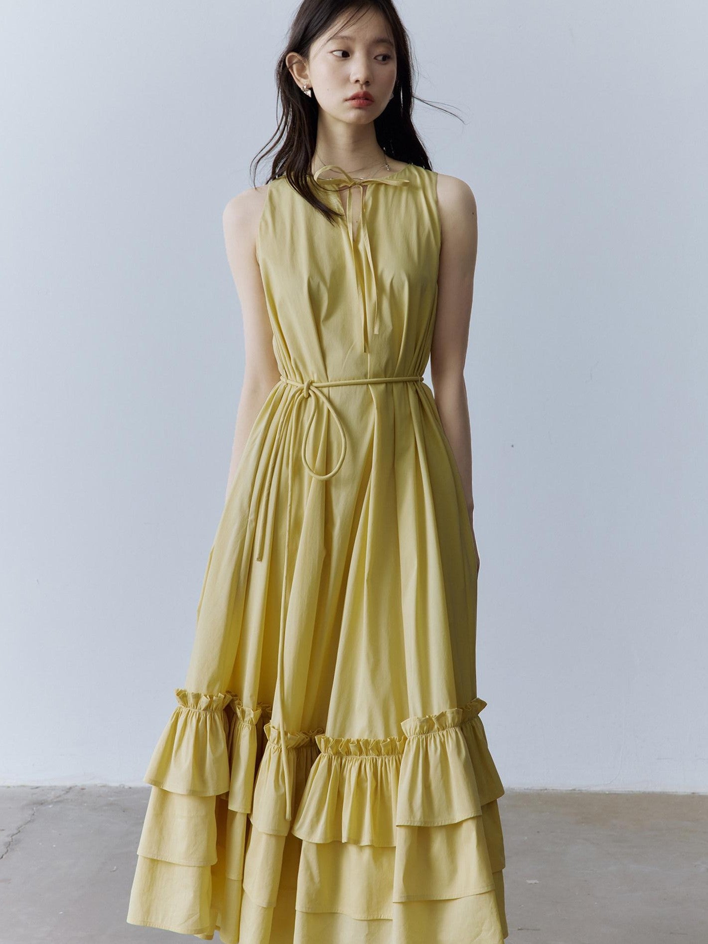 FUSSED Morning Mist Yellow Layered Spliced A Line V-neck Tie Women&