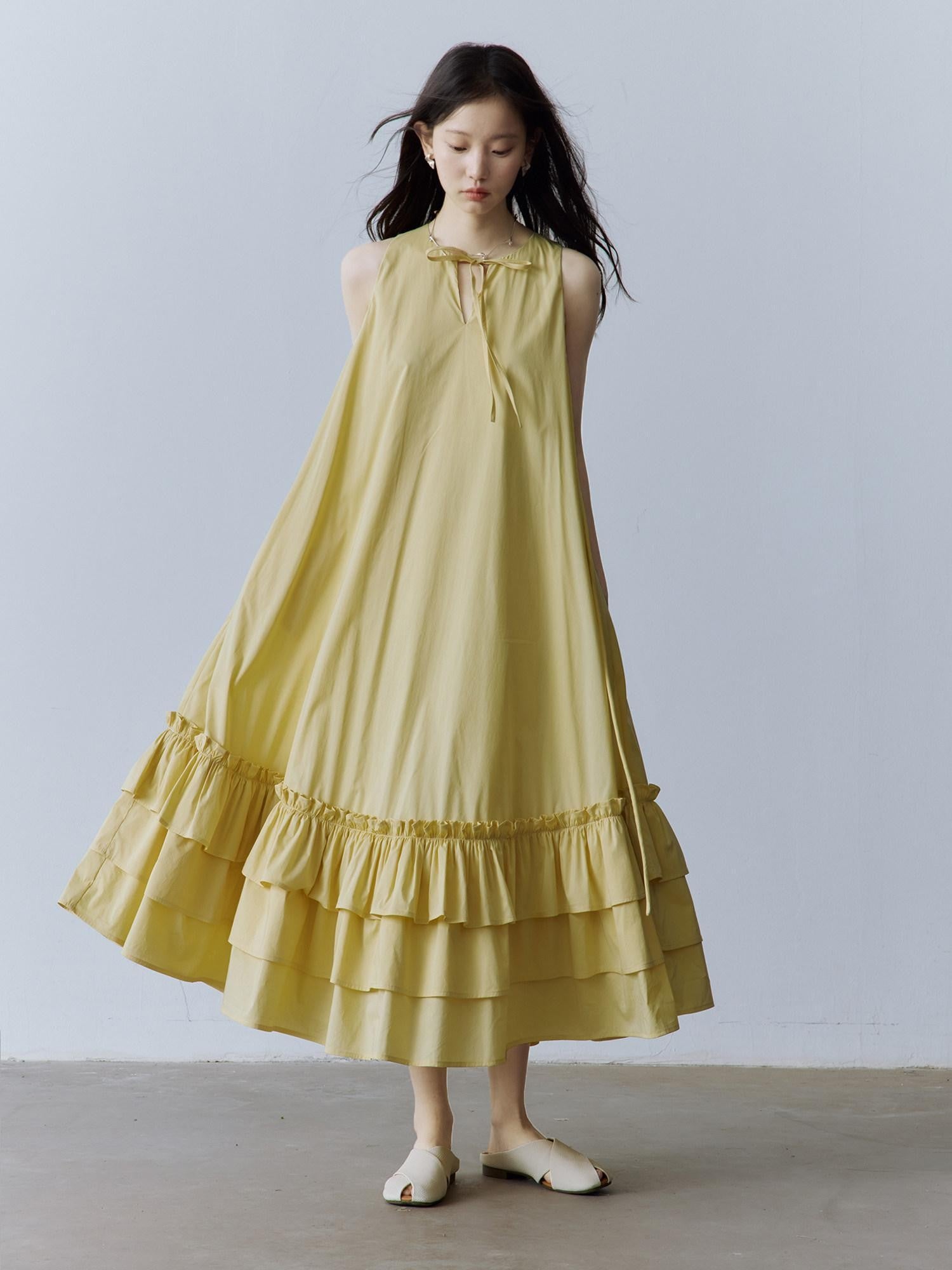 FUSSED Morning Mist Yellow Layered Spliced A Line V-neck Tie Women&