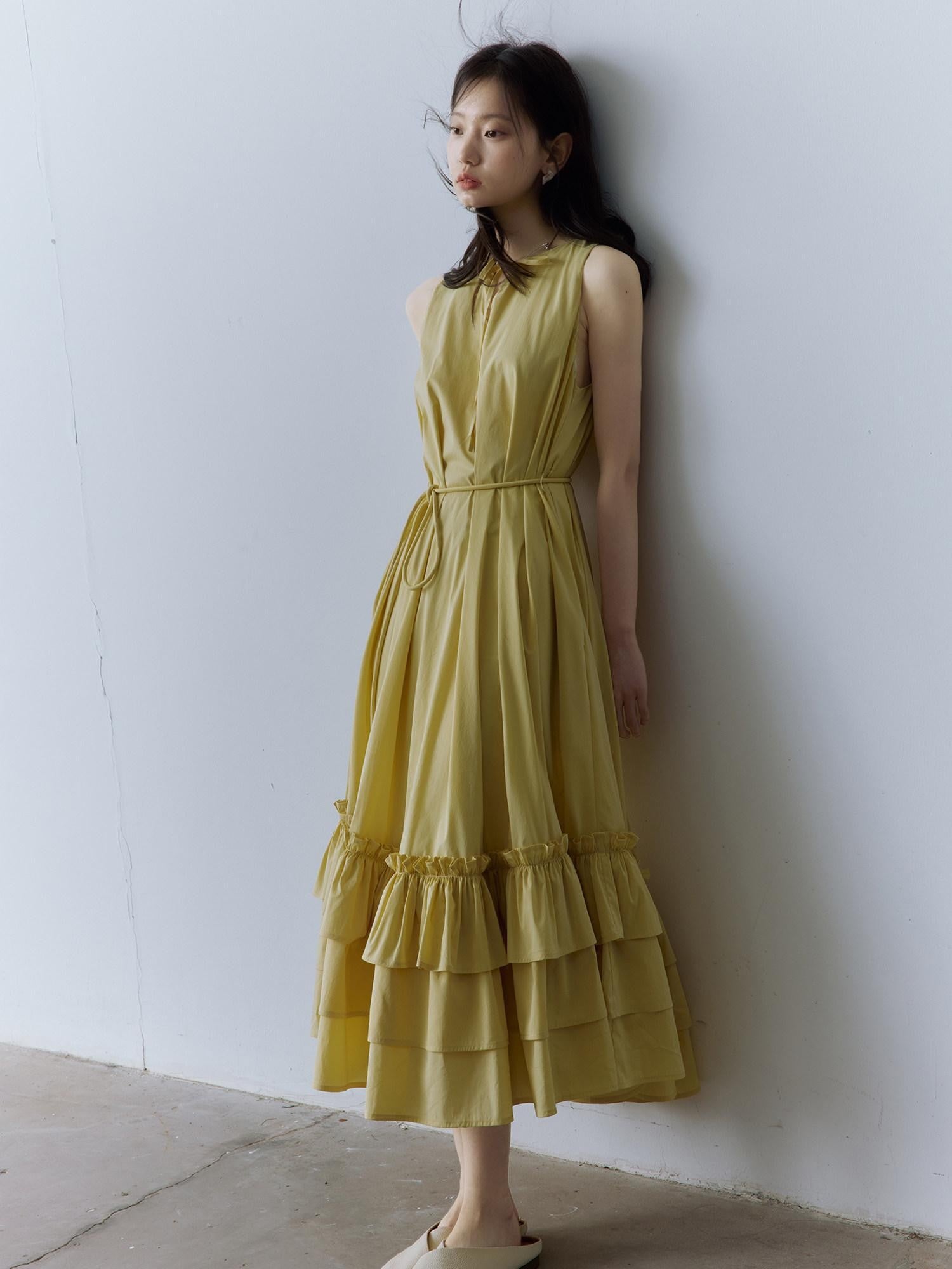 FUSSED Morning Mist Yellow Layered Spliced A Line V-neck Tie Women&