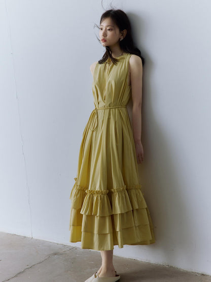 FUSSED Morning Mist Yellow Layered Spliced A Line V-neck Tie Women&