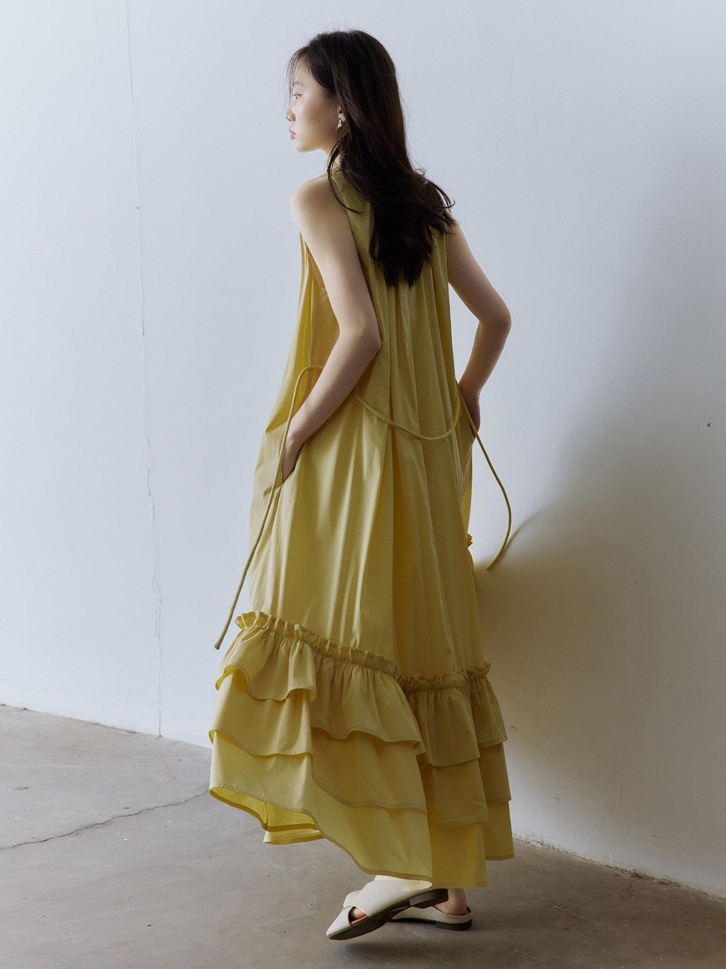 FUSSED Morning Mist Yellow Layered Spliced A Line V-neck Tie Women&
